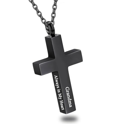 Cross Urn Necklace for Ashes for Men Women Cremation Jewelry Urns Locket Pendant Ashes Holder Memorial Jewelry-Always in My Heart - color: Always in My Heart,Black Grandma