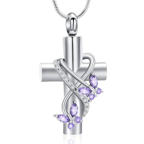 Imrsanl Butterfly Cross Urn Necklace for Ashes Men Women Cremation Jewelry Ashes Pendant for Human Memorial Ash Jewelry - color: Silver Purple
