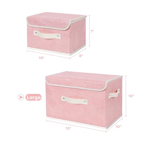 ANMINY Fabric Storage Box Bins with Lids, Rose Print, Pink, 2PCS Large | Keepsake Memory Storage, Nonwoven Fabric, PP Board Frame, Washable, PU Handles, Foldable Stackable, Decorative, 15"x10"x10" - size: Large (Pack of 2)