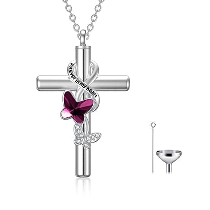 Cross Urn Necklace for Ashes 925 Sterling Silver Cremation Jewelry with Funnel Filler Kit Ashes Necklace for Human Women Girl Pets - color: A_Purple Butterfly Urn Necklace, style: Non-personalized