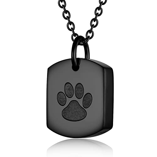 Stainless Steel Square Cremation Dog Tag Urn Necklace for Ashes — Pet Memorial Keepsake Jewelry for Dogs & Cats, Paw Print and Tree of Life Pendant for Women Men, Sympathy Bereavement Gift - color: Black