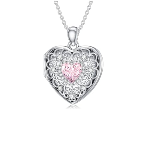 Heart Locket Necklace 925 Sterling Silver Personalized Picture Locket Pendant Birthday Christmas Jewelry Memorial Gifts for Women - color: October Crystal Locket