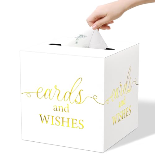 WNINK White Card Box with Gold Foil Design, Cards and Wishes Gift Cards Box Receiving Box for Wedding Receptions, Bridal & Baby Showers, Anniversaries, Birthdays Party, Graduations, Retirements - color: Cards Wishes White Gold