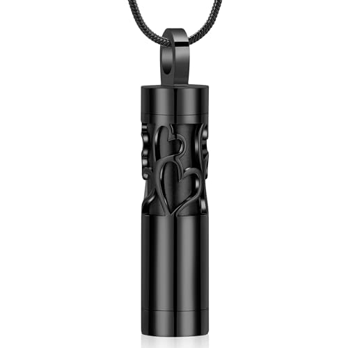 Hollow Cylinder Urn Necklace for Ashes for Women Men Vial Stainless Steel Cremation Jewelry Memorial Keepsake Locket Pendant - color: Black