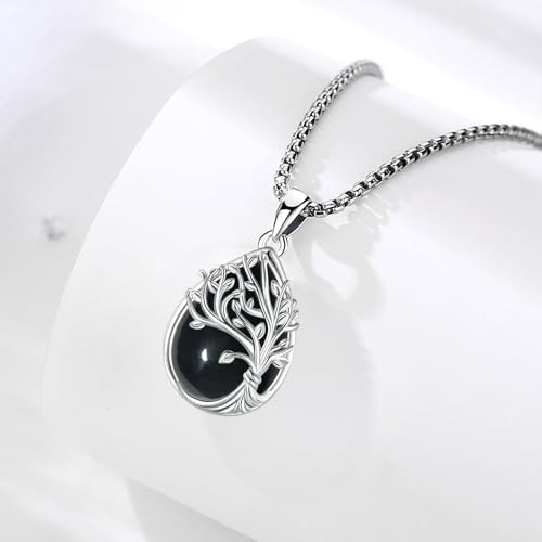 Sterling Silver Tree of Life Necklace for Women Oval Family Tree Necklace Abalone Shell Moonstone Pendant Mother Day Necklace for Mom Tree of Life Jewelry - style: Tree of Life-Obsidian-2