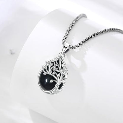 Sterling Silver Tree of Life Necklace for Women Oval Family Tree Necklace Abalone Shell Moonstone Pendant Mother Day Necklace for Mom Tree of Life Jewelry - style: Tree of Life-Obsidian-2