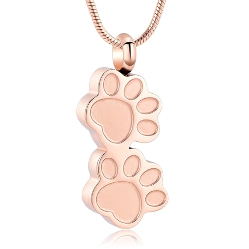 Pet Urns For Dogs/Cats - Pet Ashes Necklace - Paw Print Urn Necklace with Mini Keepsake Urn Memorial Ash Jewelry - color: Rose Gold