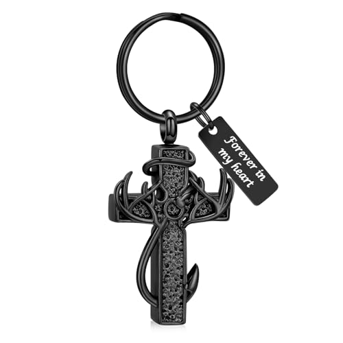 Imrsanl Cross Urn Necklace for Ashes for Women Men | Cremation Jewelry, Fish Hook Deer Antler Design Memorial Pendant, Human Pets Ashes Holder Keepsake - color: Keychain-Black