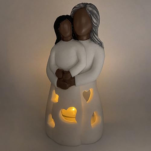 Grandma-Granddaughter Hand-Painted Candle Holder Statue W/Flickering LED Candle | Unique Nana Present Ideas for Christmas, Gigi Grandmother Birthday Gift, Greeting Card Included (Dark) - color: Grandma & Granddaughter (Dark)