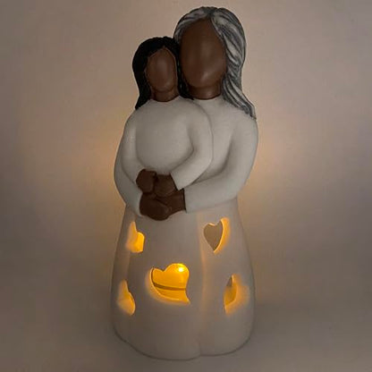 Grandma-Granddaughter Hand-Painted Candle Holder Statue W/Flickering LED Candle | Unique Nana Present Ideas for Christmas, Gigi Grandmother Birthday Gift, Greeting Card Included (Dark) - color: Grandma & Granddaughter (Dark)