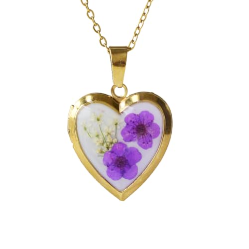 Heart Locket Necklace That Holds Pictures Pressed Flower Photo Locket Pendant Necklace for Girl Women Gift for Her - style: Gold-Purple Forget me not