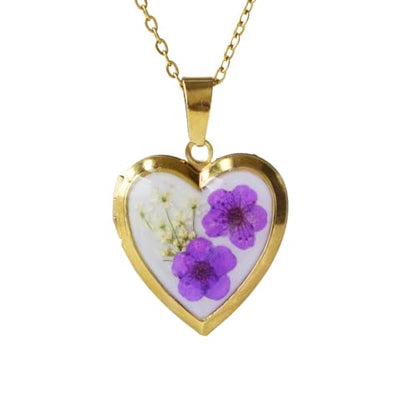 Heart Locket Necklace That Holds Pictures Pressed Flower Photo Locket Pendant Necklace for Girl Women Gift for Her - style: Gold-Purple Forget me not