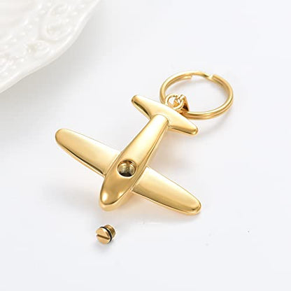 Minicremation Cremation Jewelry Urn Keychain for Ashes Airplane Memorial Urn Pendant for Human Pet's Keepsake Key Chain - color: Gold