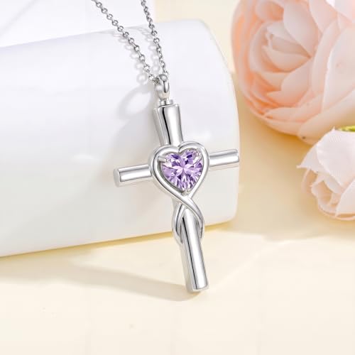YYB Urn Necklace for Ashes Women Heart Birthstone Cross Cremation Jewelry | Memorial Keepsake Funeral Jewelry for Loved Ones (with Funnel Filler) - color: 06-Jun-Alexandrite