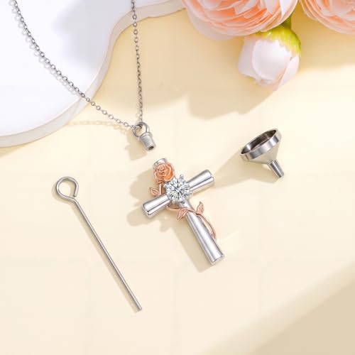 YYB Rose Flower Urn Necklaces Cross Birthstone Cremation Jewelry for Ashes Memorial Keepsake Funeral Pendant for Women - color: 04-Apr-CZ.