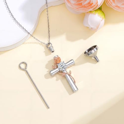 YYB Rose Flower Urn Necklaces Cross Birthstone Cremation Jewelry for Ashes Memorial Keepsake Funeral Pendant for Women - color: 04-Apr-CZ.