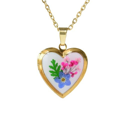 Heart Locket Necklace That Holds Pictures Pressed Flower Photo Locket Pendant Necklace for Girl Women Gift for Her - style: forget me not-gold