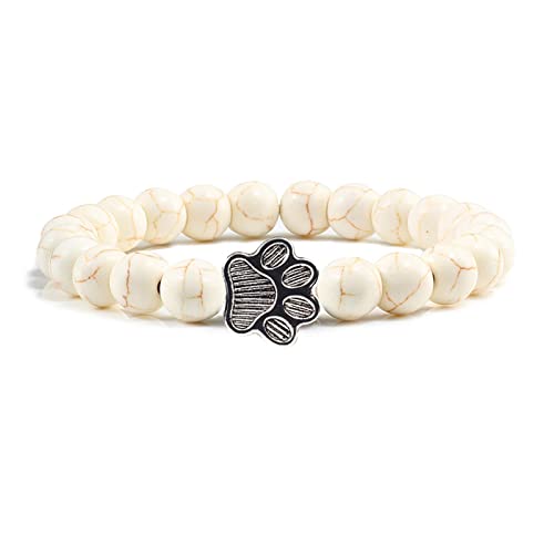 POYAMUSE Lovely Pet Paw Turquoise Beaded Strand Bracelet for Women Men Pet Memorial Jewelry, Cute Dog Cat Paw, Colorful Turquoise Beads - color: white