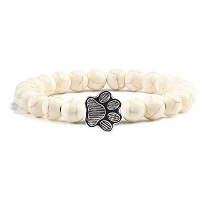 POYAMUSE Lovely Pet Paw Turquoise Beaded Strand Bracelet for Women Men Pet Memorial Jewelry, Cute Dog Cat Paw, Colorful Turquoise Beads - color: white