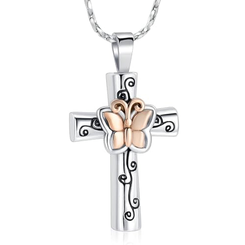 Butterfly Cross Urn Necklace for Ashes Birthstone Cremation Jewelry for Men Women Ashes Pendant Keepsake Memorial Ash Jewelry - color: Rosegold