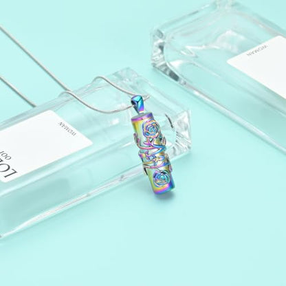 Cylinder Urn Necklace for Ashes Roseflower Cremation Jewelry Urn Ashes Necklace for Women Men Memorial Keepsake Necklace of Loved One - color: Rainbow