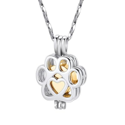 Paw Print Urn Necklace for Pet Ashes Stainless Steel Memorial Locket Cremation Jewelry Dog/Cat Keepsake Pendant with Mini Case Sympathy Gift for Pet Lovers Women Men - color: Silver-Gold
