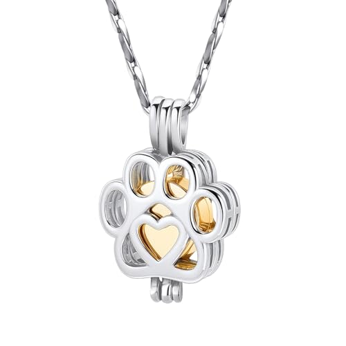 Paw Print Urn Necklace for Pet Ashes Stainless Steel Memorial Locket Cremation Jewelry Dog/Cat Keepsake Pendant with Mini Case Sympathy Gift for Pet Lovers Women Men - color: Silver-Gold
