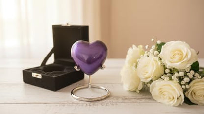 Purple Heart Cremation Urns Printed Small Urn with Box & Stand - Small Keepsake Shaped - Mini Urn Heart Shaped - Honor Your Loved One with Memorial Cremation