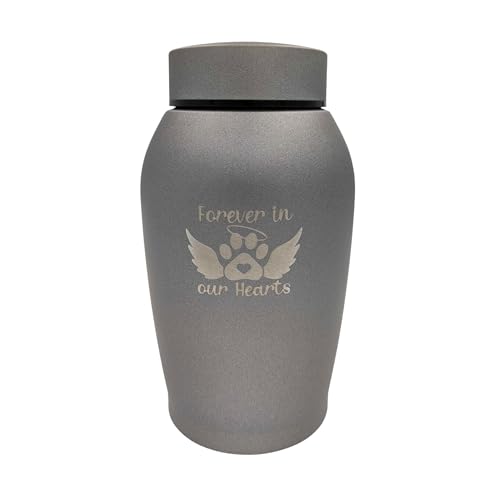 Pet Cremation Urn Engraved Stainless Steel | for Small Pets up to 20 Pounds | Gray | Beautiful Memorial for Dogs, Cats, Birds, Rabbits, Horses, and More - color: Gray - Forever in Our Hearts, size: Small