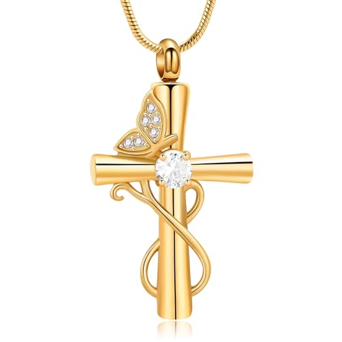 Butterfly Cross Cremation Jewelry Urn Necklaces Cross Butterfly Urn Necklaces for Ashes Memorial Keepsake Pendant for Women Men Gifts With Funnel Kit & Bag - color: Gold+White