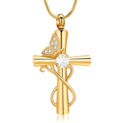 Butterfly Cross Cremation Jewelry Urn Necklaces Cross Butterfly Urn Necklaces for Ashes Memorial Keepsake Pendant for Women Men Gifts With Funnel Kit & Bag - color: Gold+White