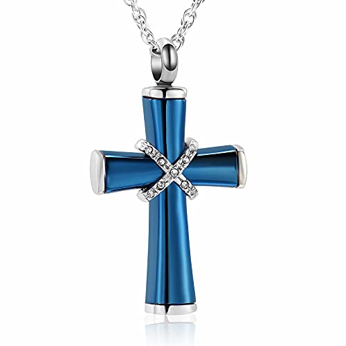 shajwo Cremation Jewelry Cross Urn Necklaces for Ashes for Women Men Urn Pendant Memorial Keepsake Ash Holder - color: 6-Blue-Crystals