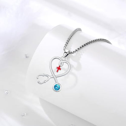 Angel Wings Necklace 925 Sterling Silver Guardian Angel Nurse RN Caduceus Pendant Charm Crystal Angel Jewelry Gifts for Women - style: H-Stethoscope-12-Dec.-Blue Topaz
