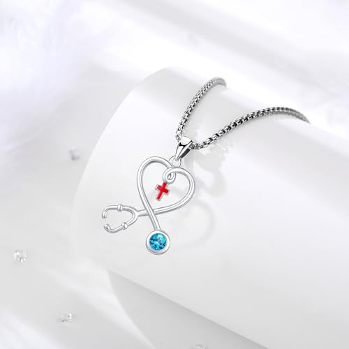 Angel Wings Necklace 925 Sterling Silver Guardian Angel Nurse RN Caduceus Pendant Charm Crystal Angel Jewelry Gifts for Women - style: H-Stethoscope-12-Dec.-Blue Topaz