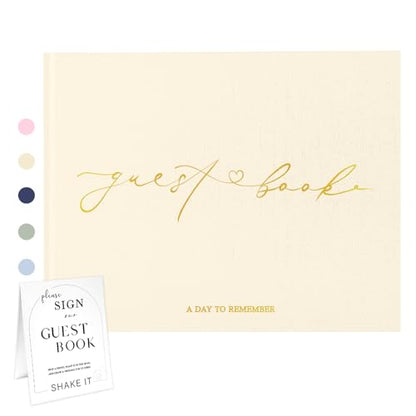 Wedding Guest Book, Polaroid Photo Guestbook for Baby Shower | Table Sign Included, Gold Stamping, Hardcover, 9x7.5", Perfect for Bridal Party & Baby Shower, Beige - color: Beige