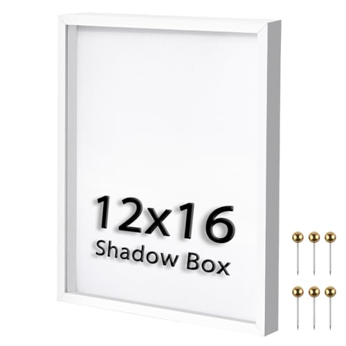 12x16 Large Shadow Box Frame | Soft Linen Back & Push Pins Included, Polystyrene Glass Memory Display Case for Flowers, Tickets & Cherished 3D Items, White - color: White, size: 12x16