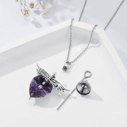 SOULMEET Memorial Wings Necklace for Ashes with Large Heart Crystal Birthstone, Angel Wings Urn Necklaces with Heart Shaped Birthstone Keepsake Silver Cremation Jewelry - style: F-June