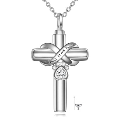 Cross Pet Urn Necklace Sterling Silver Infinity Pet Ashes Pendant - color: Silver-Dog Crystal