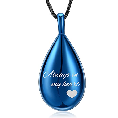 Yinplsmemory Carved Teardrop Keepsake Ashes Necklace Urn Pendant Cremation Memorial Jewelry-Always in my heart - color: Blue