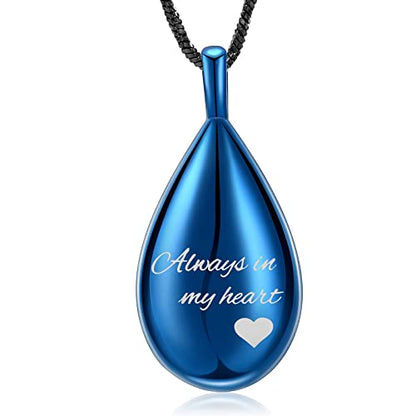 Yinplsmemory Carved Teardrop Keepsake Ashes Necklace Urn Pendant Cremation Memorial Jewelry-Always in my heart - color: Blue