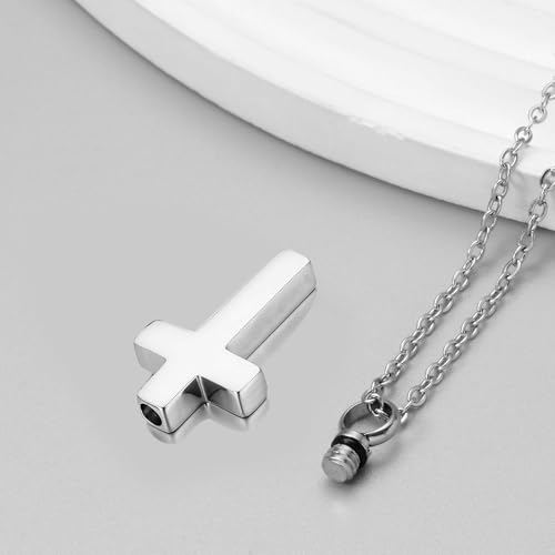Cross Urn Necklaces for Ashes Stainless Steel Religious Cross Ashes Necklace Pendant for Men Women Cremation Jewelry for Ashes of Loved Ones - color: Silver