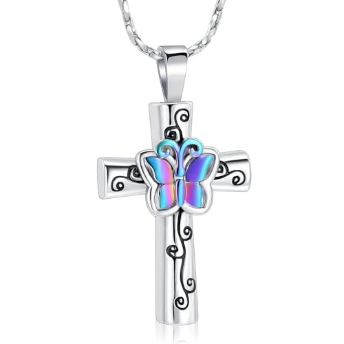 Butterfly Cross Urn Necklace for Ashes Birthstone Cremation Jewelry for Men Women Ashes Pendant Keepsake Memorial Ash Jewelry - color: Rainbow