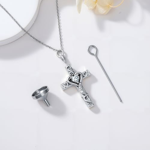 TOUPOP Cross Urn Necklaces for Ashes Birthstone Cremation Jewelry 925 Sterling Silver Cross Memorial Keepsake Jewelry for Women (with Funnel Filler) - color: 04-April-Synthetic Diamond