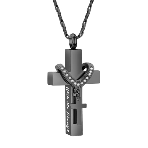 Cross Urn Necklace for Ashes Cremation Jewelry with Mini Keepsake Engraved Memorial Ash Pendant for Loved Ones Sympathy Gift - With Me Always - color: Black-With Me Always