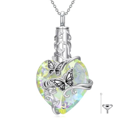 JKR Heart Urn Necklace for Ashes Crystal Keepsake Pendant Memorial Jewelry - style: Butterfly-White Crystal