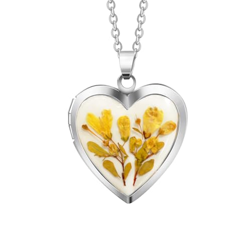 Handmade Dried Pressed Flower Heart Shaped Photo Locket Pendant Necklace - color: Silver, style: Yellow Flower on White
