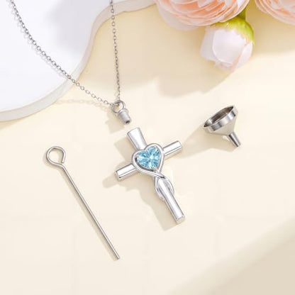 YYB Urn Necklace for Ashes Women Heart Birthstone Cross Cremation Jewelry | Memorial Keepsake Funeral Jewelry for Loved Ones (with Funnel Filler) - color: 03-Mar-Aquamarine