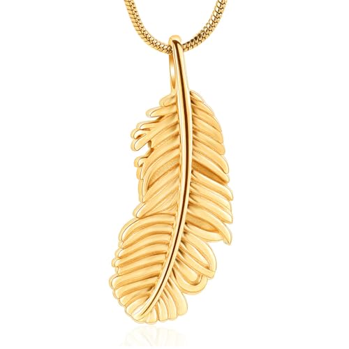 Cremation Jewelry Feathers Urn Necklace for Ashes Stainless Steel Memorial Keepsake Pendant for Women Men - color: Gold