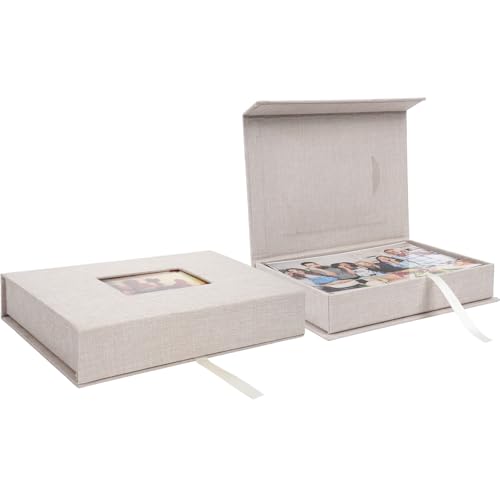 Linen Photo Keeper Box 5x7 in, Clear Window Beige | Magnetic closure storage, holds 5x7 photos, memory keepsake for wedding baby gift, sturdy organizer - color: Beige, size: 5 x 7 Inch