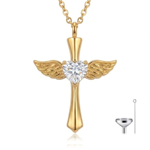 14K Gold Angel Wings Cross URN Necklace Cremation Necklaces for Ashes Embellished with Birthstone, Yellow Gold Fine Keepsake Memorial Jewelry - color: April Birthstone